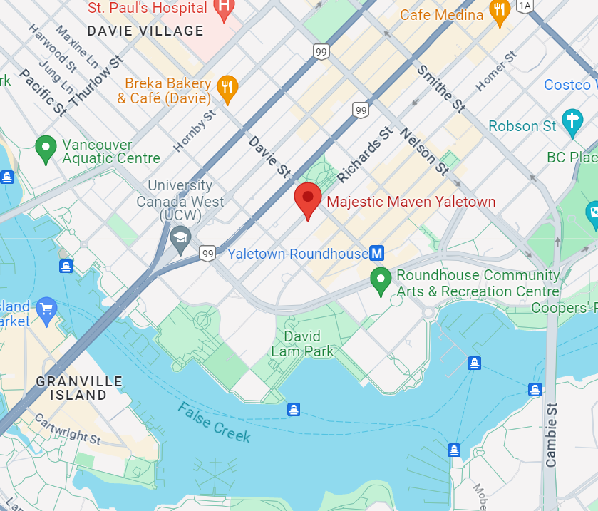 Google Maps screenshot displaying the location of Majestic Maven Beauty Salon in Yaletown, Vancouver, situated at 1236 Richards Street.