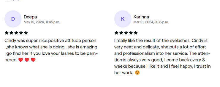 Screenshot of a Google review page featuring a glowing five-star review: 'Cindy was super nice, positive attitude person. She knows what she is doing... she is amazing. Go find her if you love your lashes to be pampered ❤️❤️❤️.'